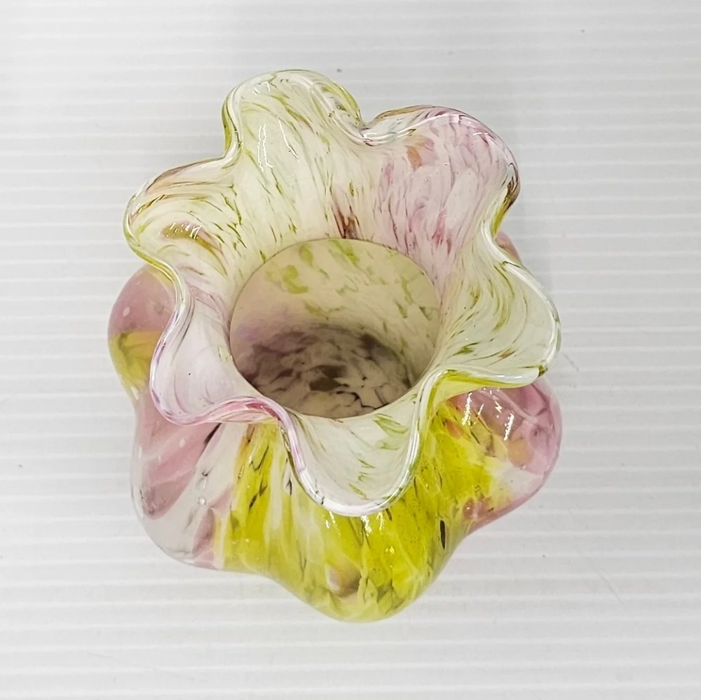 Blown Glass Pink & Yellow Swirl Decorative Vase With Ruffled Edges Unbranded